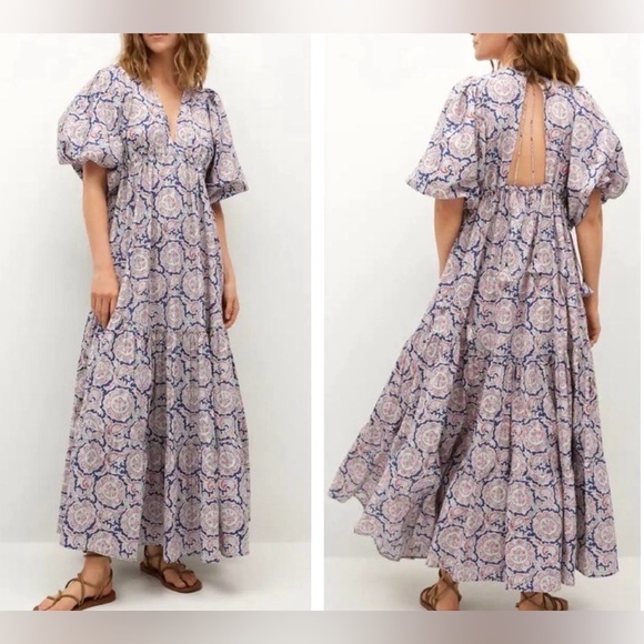 Mango x Chufy Dresses & Skirts - NWT Chufy x Mango Soller Boho Maxi Tiered Dress Puff Sleeve Tassel Blue Red 4